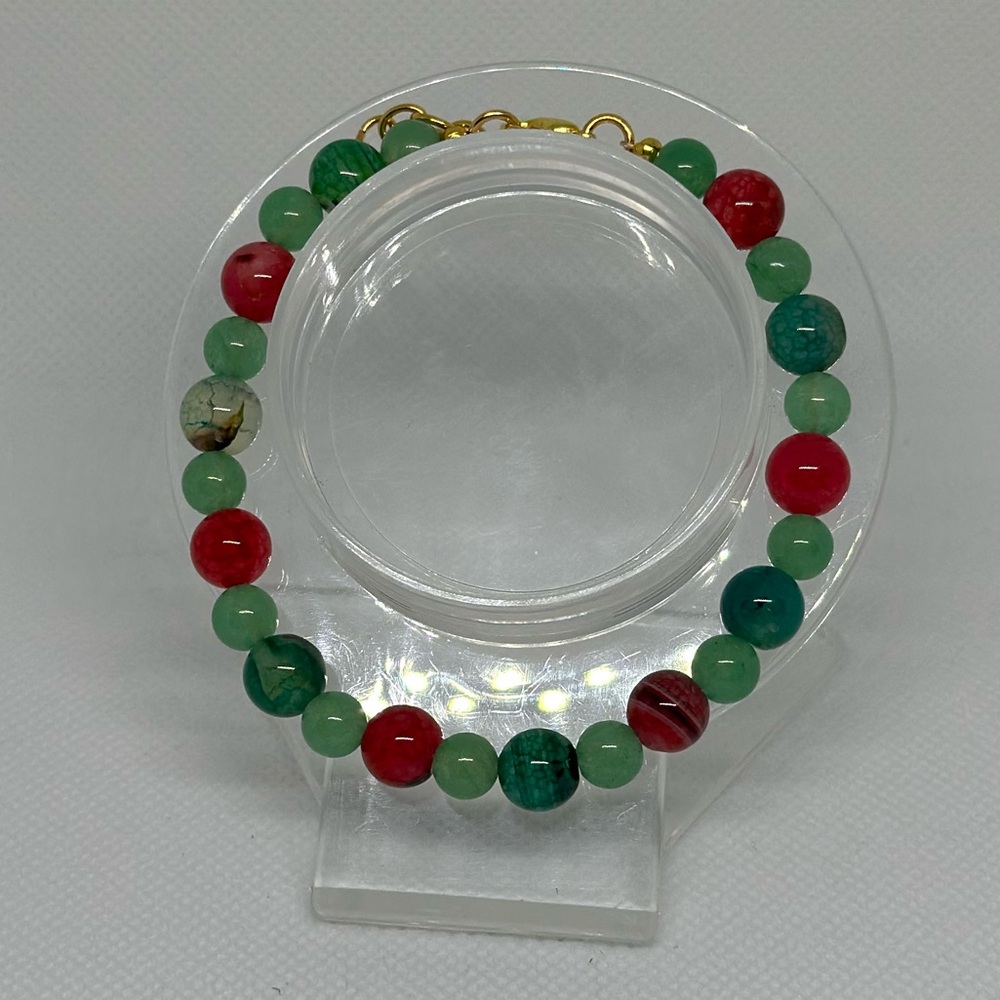 Handmade Gold Wire Bracelet with Green and Red Agate Beads